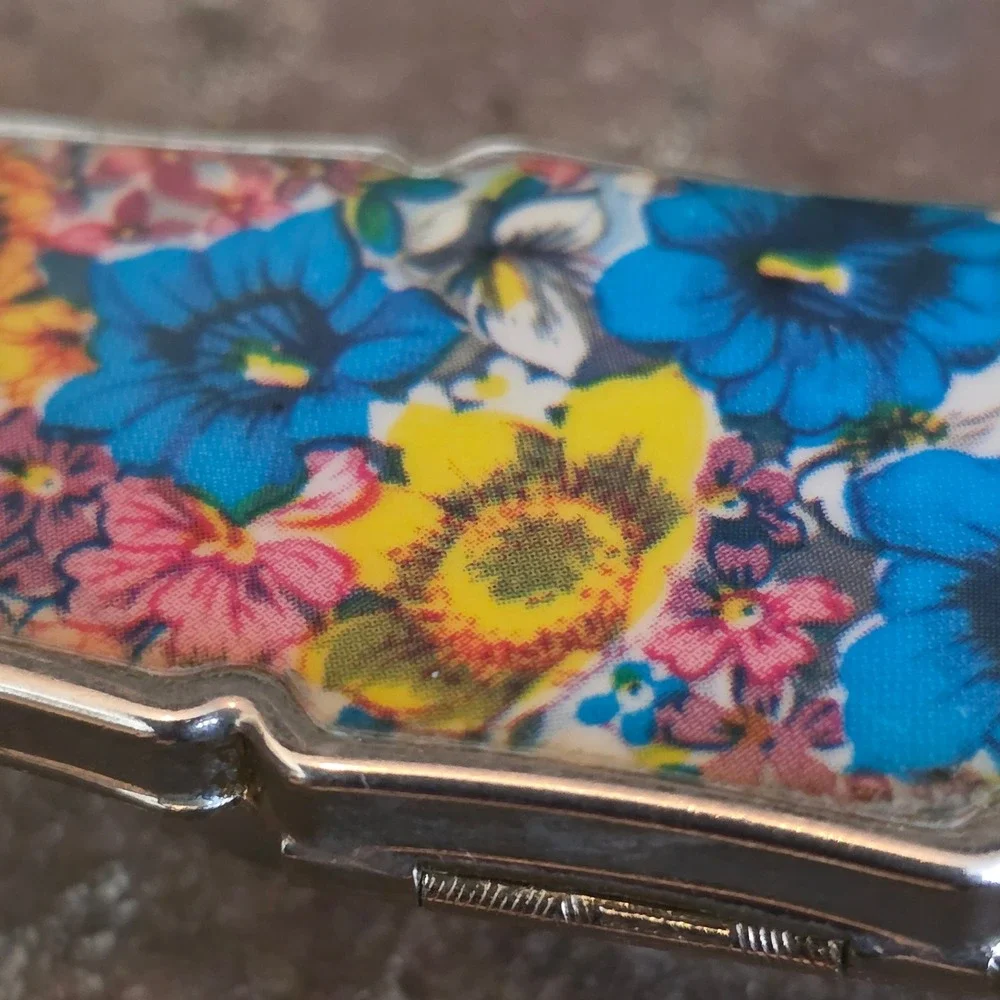 Vintage Floral Lipstick Case Holder with Mirror Silver Tone Metal Multi Color